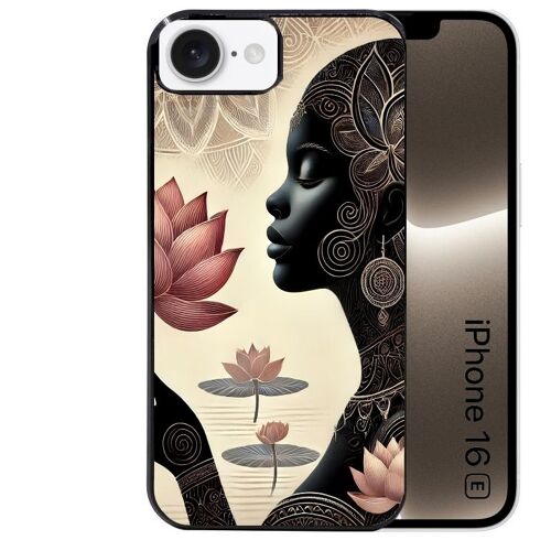 Coque noire pour Iphone 16E motif femme et lotus