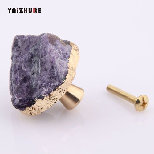 Fluorite Violet - Alanding Yst Fluoritegold Edge Brasshandle, Minerai Naturel De Luxe, Porte De Garde-Robe Melwardrobe, Trou Unique, Petite Poignée Simple