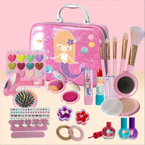 24 Pièces Maquillage Enfant Fille, Jouet De Maquillage Lavable Vrai Cosmétique Avec Pinceaux Et Miroir Pour 3 4 5 6 7 8 9 10 Ans Rose