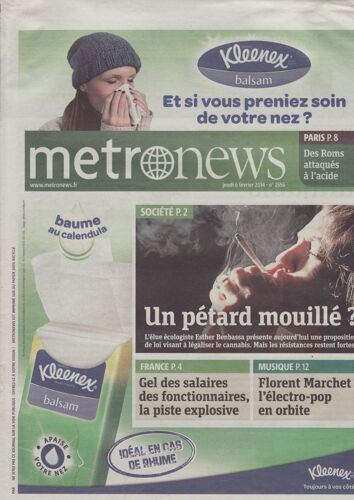 Metronews (Quotidien) / 06-02-2014 N°2556 :Florent Marchet (1p) - Philip Seymour Hoffman (1/4p)