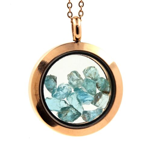 Collier Apatite Paraiba Brut. Modèle Médaillon 20 Mm. Couleur Or Rose.