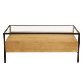 Table Basse Rectangulaire Avec Rangements En Bois Manguier Massif, Verre Et Métal Noir L100 Cm Sita