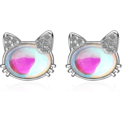 925 Sterling Silver Shiny Moonstone Cat Stud Earrings Pour Women Girls Minimalist Christmas Gift