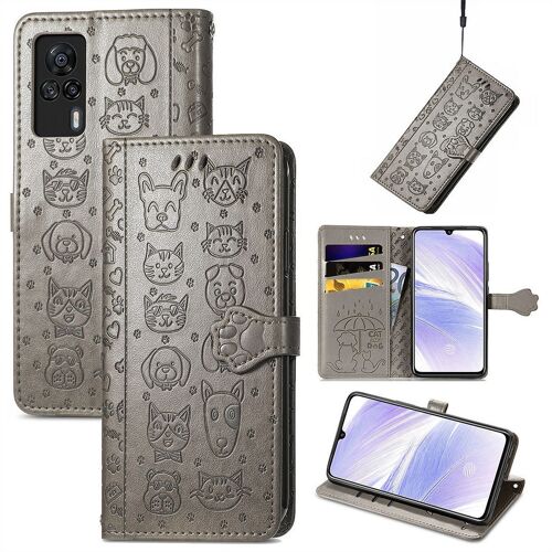 Vivo S9e Coque, Saturcase Chien Et Chat Mignon Pu Cuir Magnétique Flip Portefeuille Support Porte-Carte Protecteur Coque Housse Étui Avec Dragonne Pour Vivo S9e (Gris)