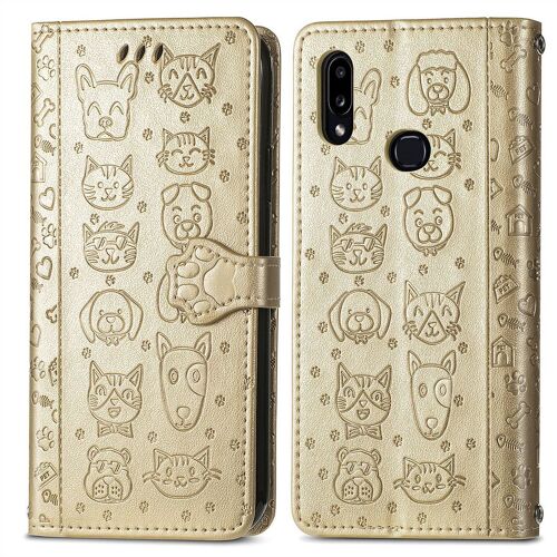 Samsung Galaxy A10s Coque, Saturcase Chien Et Chat Mignon Pu Cuir Magnétique Flip Portefeuille Support Porte-Carte Protecteur Coque Housse Étui Avec Dragonne Pour Samsung Galaxy A10s (Or)