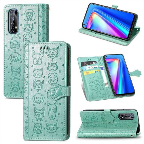 Realme 7 Coque, Saturcase Chien Et Chat Mignon Pu Cuir Magnétique Flip Portefeuille Support Porte-Carte Protecteur Coque Housse Étui Avec Dragonne Pour Realme 7 (Vert)
