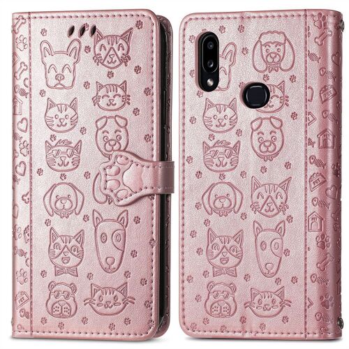 Samsung Galaxy A10s Coque, Saturcase Chien Et Chat Mignon Pu Cuir Magnétique Flip Portefeuille Support Porte-Carte Protecteur Coque Housse Étui Avec Dragonne Pour Samsung Galaxy A10s (Or Rose)