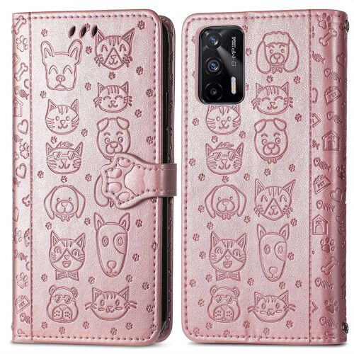 Realme Gt 5g / Realme Q3 Pro 5g Coque, Saturcase Chien Et Chat Mignon Pu Cuir Magnétique Flip Portefeuille Support Porte-Carte Protecteur Coque Housse Étui Avec Dragonne Pour Realme Gt 5g / Realme Q3 Pro 5g (Or Rose)