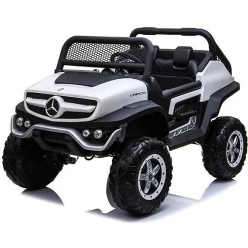 Voiture Électrique Mercedes-Benz Unimog - 12v - Blanc Et Noir - Sièges Cuir - Roues Eva Avec Suspensions