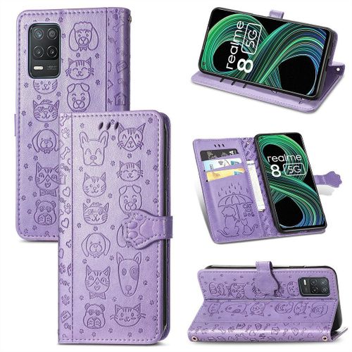 Realme 8 / Realme 8 Pro Coque, Saturcase Chien Et Chat Mignon Pu Cuir Magnétique Flip Portefeuille Support Porte-Carte Protecteur Coque Housse Étui Avec Dragonne Pour Realme 8 / Realme 8 Pro (Violet)