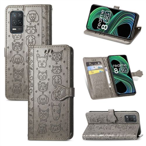 Realme 8 / Realme 8 Pro Coque, Saturcase Chien Et Chat Mignon Pu Cuir Magnétique Flip Portefeuille Support Porte-Carte Protecteur Coque Housse Étui Avec Dragonne Pour Realme 8 / Realme 8 Pro (Gris)