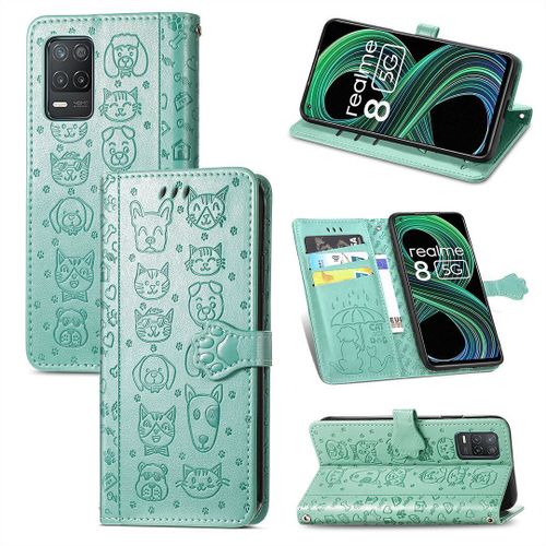 Realme 8 / Realme 8 Pro Coque, Saturcase Chien Et Chat Mignon Pu Cuir Magnétique Flip Portefeuille Support Porte-Carte Protecteur Coque Housse Étui Avec Dragonne Pour Realme 8 / Realme 8 Pro (Vert)