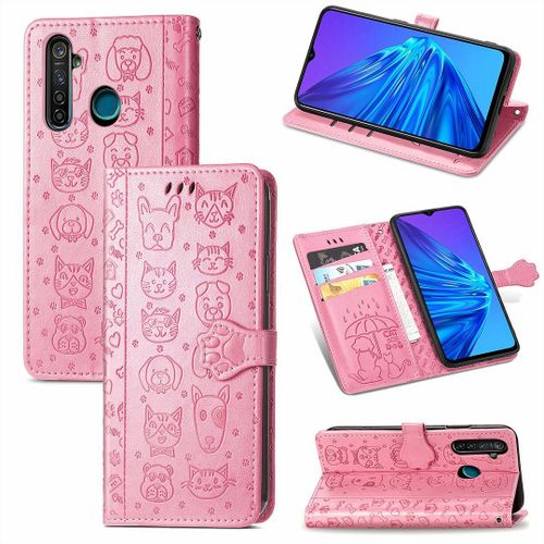 Realme 5 5s 5i 6i Coque, Saturcase Chien Et Chat Mignon Pu Cuir Magnétique Flip Portefeuille Support Porte-Carte Protecteur Coque Housse Étui Avec Dragonne Pour Realme 5 5s 5i 6i (Pink)