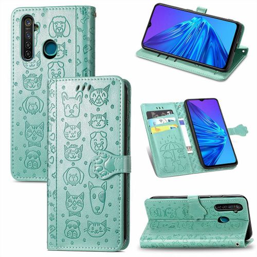 Realme 5 5s 5i 6i Coque, Saturcase Chien Et Chat Mignon Pu Cuir Magnétique Flip Portefeuille Support Porte-Carte Protecteur Coque Housse Étui Avec Dragonne Pour Realme 5 5s 5i 6i (Vert)