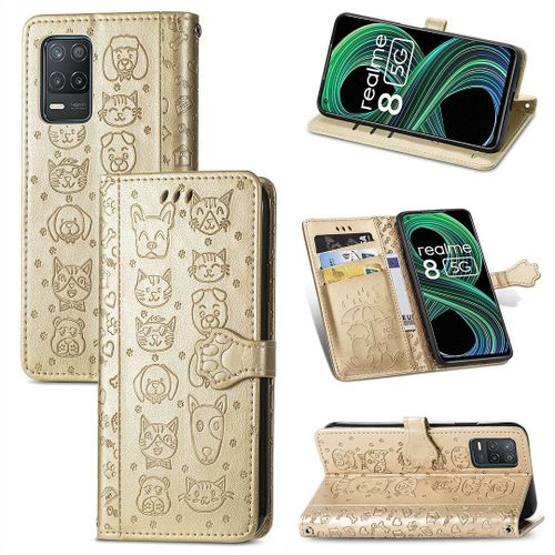 Realme 8 / Realme 8 Pro Coque, Saturcase Chien Et Chat Mignon Pu Cuir Magnétique Flip Portefeuille Support Porte-Carte Protecteur Coque Housse Étui Avec Dragonne Pour Realme 8 / Realme 8 Pro (Or)