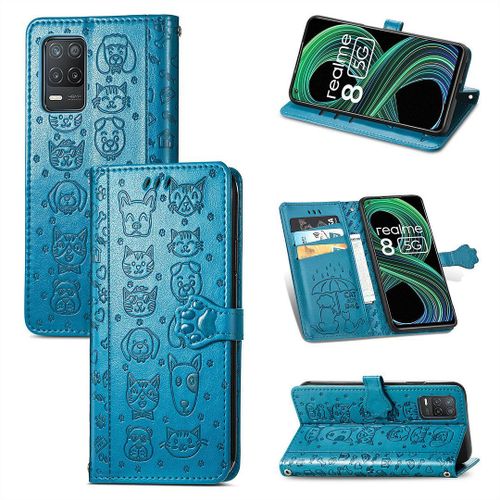 Realme 8 / Realme 8 Pro Coque, Saturcase Chien Et Chat Mignon Pu Cuir Magnétique Flip Portefeuille Support Porte-Carte Protecteur Coque Housse Étui Avec Dragonne Pour Realme 8 / Realme 8 Pro (Bleu)