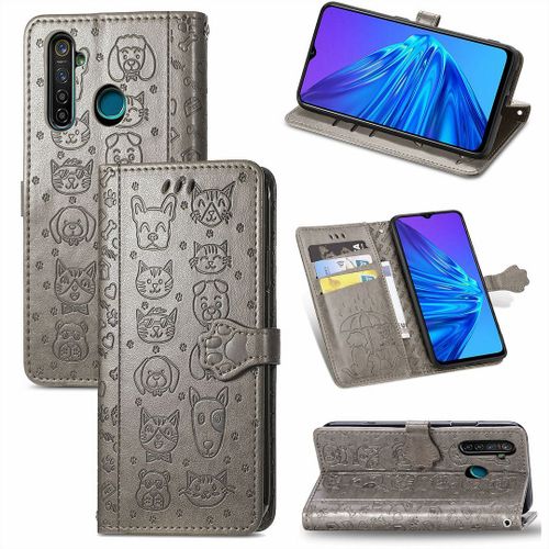 Realme 5 5s 5i 6i Coque, Saturcase Chien Et Chat Mignon Pu Cuir Magnétique Flip Portefeuille Support Porte-Carte Protecteur Coque Housse Étui Avec Dragonne Pour Realme 5 5s 5i 6i (Gris)