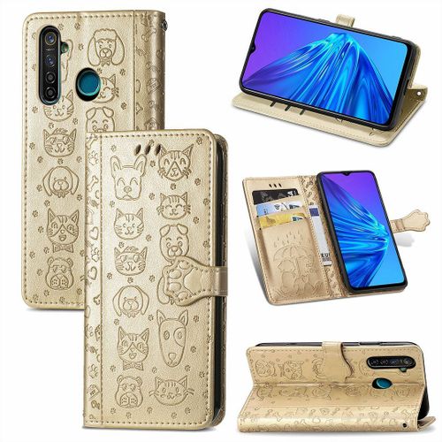 Realme 5 5s 5i 6i Coque, Saturcase Chien Et Chat Mignon Pu Cuir Magnétique Flip Portefeuille Support Porte-Carte Protecteur Coque Housse Étui Avec Dragonne Pour Realme 5 5s 5i 6i (Or)