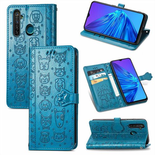 Realme 5 5s 5i 6i Coque, Saturcase Chien Et Chat Mignon Pu Cuir Magnétique Flip Portefeuille Support Porte-Carte Protecteur Coque Housse Étui Avec Dragonne Pour Realme 5 5s 5i 6i (Bleu)