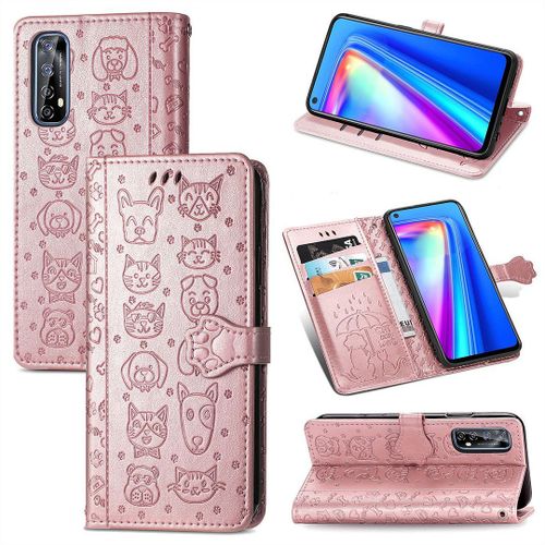 Realme 7 Coque, Saturcase Chien Et Chat Mignon Pu Cuir Magnétique Flip Portefeuille Support Porte-Carte Protecteur Coque Housse Étui Avec Dragonne Pour Realme 7 (Or Rose)