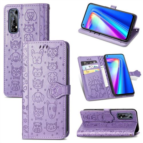 Realme 7 Coque, Saturcase Chien Et Chat Mignon Pu Cuir Magnétique Flip Portefeuille Support Porte-Carte Protecteur Coque Housse Étui Avec Dragonne Pour Realme 7 (Violet)