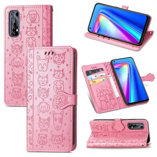 Realme 7 Coque, Saturcase Chien Et Chat Mignon Pu Cuir Magnétique Flip Portefeuille Support Porte-Carte Protecteur Coque Housse Étui Avec Dragonne Pour Realme 7 (Pink)