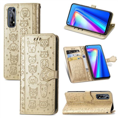Realme 7 Coque, Saturcase Chien Et Chat Mignon Pu Cuir Magnétique Flip Portefeuille Support Porte-Carte Protecteur Coque Housse Étui Avec Dragonne Pour Realme 7 (Or)