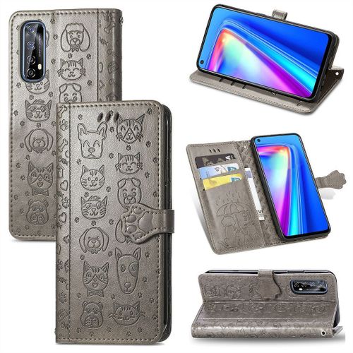 Realme 7 Coque, Saturcase Chien Et Chat Mignon Pu Cuir Magnétique Flip Portefeuille Support Porte-Carte Protecteur Coque Housse Étui Avec Dragonne Pour Realme 7 (Gris)