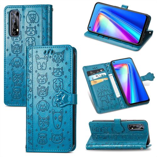 Realme 7 Coque, Saturcase Chien Et Chat Mignon Pu Cuir Magnétique Flip Portefeuille Support Porte-Carte Protecteur Coque Housse Étui Avec Dragonne Pour Realme 7 (Bleu)