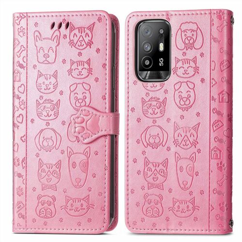 Oppo A94 5g / Reno 5z / F19 Pro+ Coque, Saturcase Chien Et Chat Mignon Pu Cuir Magnétique Flip Portefeuille Support Porte-Carte Protecteur Coque Housse Étui Avec Dragonne Pour Oppo A94 5g / Reno 5z / F19 Pro+ (Pink)