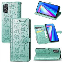 Realme 7 Pro Coque, Saturcase Chien Et Chat Mignon Pu Cuir Magnétique Flip Portefeuille Support Porte-Carte Protecteur Coque Housse Étui Avec Dragonne Pour Realme 7 Pro (Vert)