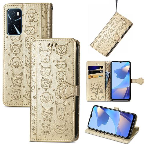 Oppo A16 / A16s Coque, Saturcase Chien Et Chat Mignon Pu Cuir Magnétique Flip Portefeuille Support Porte-Carte Protecteur Coque Housse Étui Avec Dragonne Pour Oppo A16 / A16s (Or)