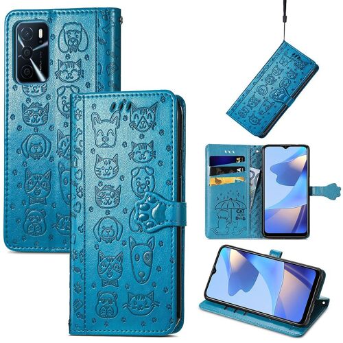 Oppo A16 / A16s Coque, Saturcase Chien Et Chat Mignon Pu Cuir Magnétique Flip Portefeuille Support Porte-Carte Protecteur Coque Housse Étui Avec Dragonne Pour Oppo A16 / A16s (Bleu)