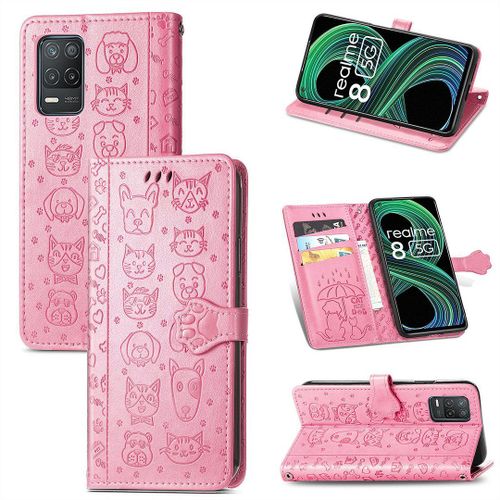 Realme 8 / Realme 8 Pro Coque, Saturcase Chien Et Chat Mignon Pu Cuir Magnétique Flip Portefeuille Support Porte-Carte Protecteur Coque Housse Étui Avec Dragonne Pour Realme 8 / Realme 8 Pro (Pink)