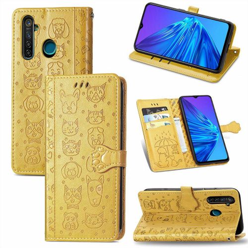 Realme 5 5s 5i 6i Coque, Saturcase Chien Et Chat Mignon Pu Cuir Magnétique Flip Portefeuille Support Porte-Carte Protecteur Coque Housse Étui Avec Dragonne Pour Realme 5 5s 5i 6i (Jaune)