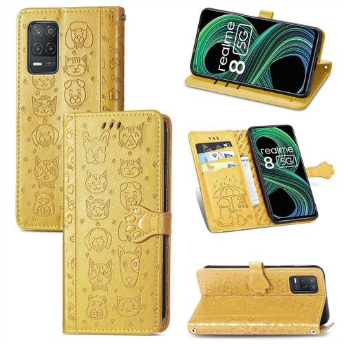 Realme 8 / Realme 8 Pro Coque, Saturcase Chien Et Chat Mignon Pu Cuir Magnétique Flip Portefeuille Support Porte-Carte Protecteur Coque Housse Étui Avec Dragonne Pour Realme 8 / Realme 8 Pro (Jaune)