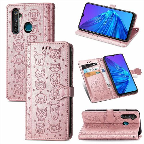 Realme 5 5s 5i 6i Coque, Saturcase Chien Et Chat Mignon Pu Cuir Magnétique Flip Portefeuille Support Porte-Carte Protecteur Coque Housse Étui Avec Dragonne Pour Realme 5 5s 5i 6i (Or Rose)