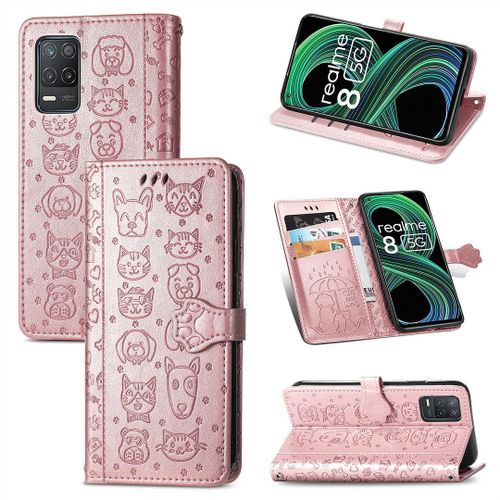 Realme 8 / Realme 8 Pro Coque, Saturcase Chien Et Chat Mignon Pu Cuir Magnétique Flip Portefeuille Support Porte-Carte Protecteur Coque Housse Étui Avec Dragonne Pour Realme 8 / Realme 8 Pro (Or Rose)