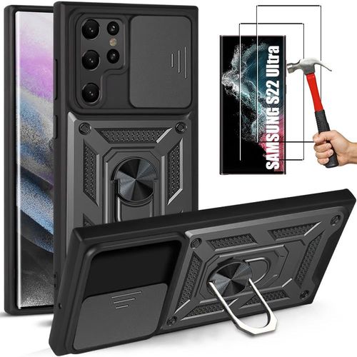 Pack 2 Verres Trempes + Coque Pour Samsung S22 Ultra Noir Bordure Renforcee Antichoc Cache Camera - E.F.Connection