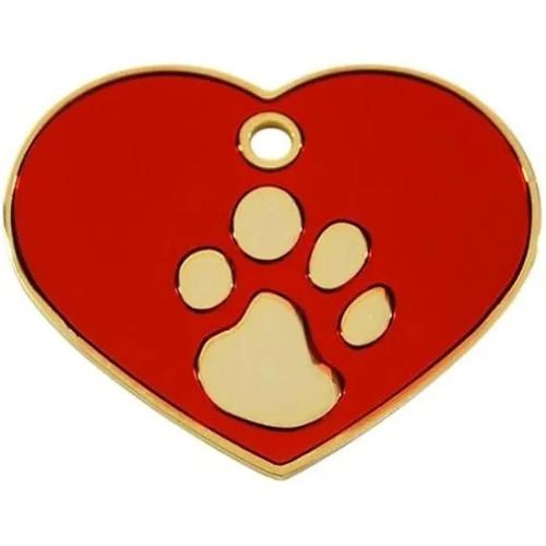 Médaille Pour Chien - Marque - Coeur Avec Motif Pattes - Rouge Et Or - Gravure Personnalisée - 4 X 3 Cm