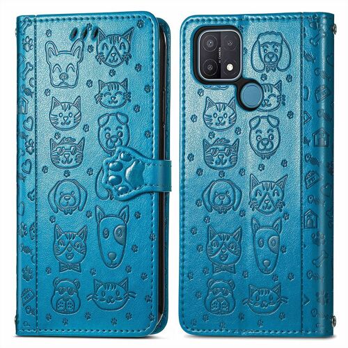 Oppo A15 / A15s Coque, Saturcase Chien Et Chat Mignon Pu Cuir Magnétique Flip Portefeuille Support Porte-Carte Protecteur Coque Housse Étui Avec Dragonne Pour Oppo A15 / A15s (Bleu)