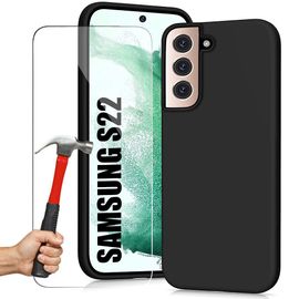 Coque Silicone pour Samsung S22 Noir + 2 Protections d'ecran en Verre Trempe - E.F.Connection