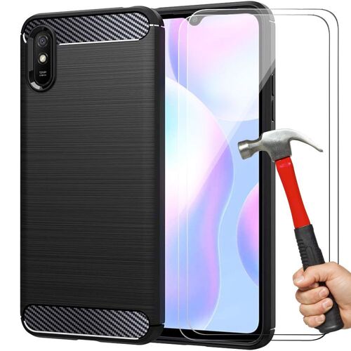 Coque pour Redmi 9A + 2 Verres Trempes, Coque Fibre de Carbone Protection Renforcee Noir - E.F.Connection