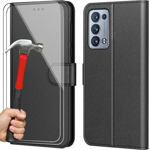 Coque Rabat pour OPPO Reno 6 Pro, Protection Synthecuir Noir et 2 Verres Trempes - E.F.Connection