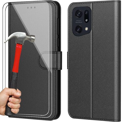 Pack de 2 Verres Trempes avec Coque pour OPPO Find X5 Noir Portefeuille Effet Cuir Porte-Carte - E.F.Connection