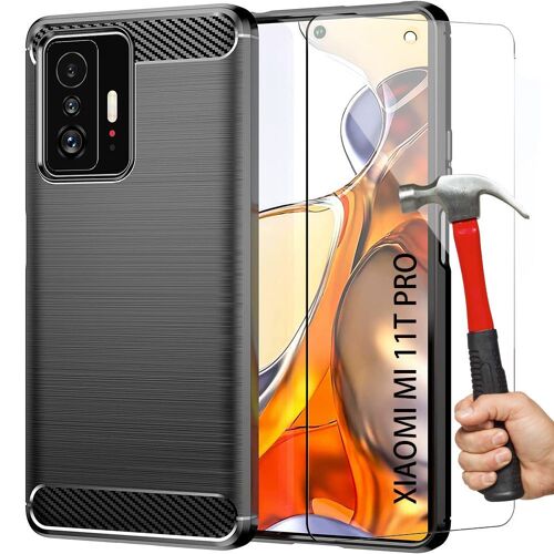 Coque et 2 Verres Trempes pour Xiaomi 11T Pro, Proteciton Antichoc Fibre Carbone Noir - E.F.Connection