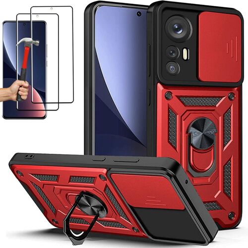 Coque Avec 2 Verres Trempes Pour Xiaomi 12 Pro Rouge Rigide Cache Camera Anneau Arriere - E.F.Connection