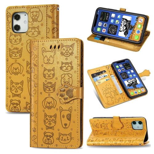 Apple Iphone 12 / 12 Pro Coque, Saturcase Chien Et Chat Mignon Pu Cuir Magnétique Flip Portefeuille Support Porte-Carte Protecteur Coque Housse Étui Avec Dragonne Pour Apple Iphone 12 / 12 Pro (Jaune)