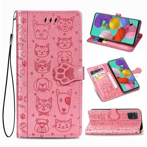 Samsung Galaxy A51 5g Coque, Saturcase Chien Et Chat Mignon Pu Cuir Magnétique Flip Portefeuille Support Porte-Carte Protecteur Coque Housse Étui Avec Dragonne Pour Samsung Galaxy A51 5g (Pink)