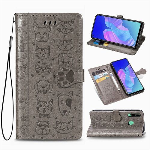 Huawei P40 Lite E Coque, Saturcase Chien Et Chat Mignon Pu Cuir Magnétique Flip Portefeuille Support Porte-Carte Protecteur Coque Housse Étui Avec Dragonne Pour Huawei P40 Lite E (Gris)